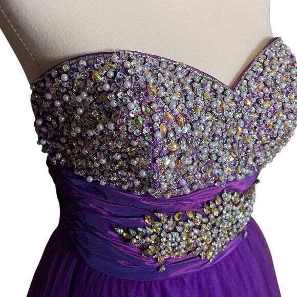Mac Duggal Prom Beaded Sequin Purple Tulle Floor Length Strapless Dress US 8 - Picture 4 of 10